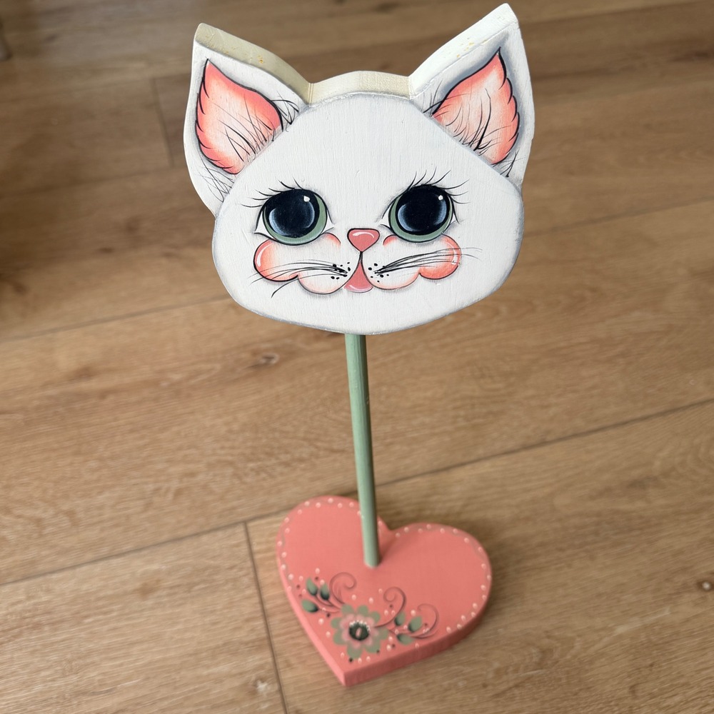 Vintage Hand Painted Wooden Cat Figurine Heart Base Folk Art Kitsch Decor